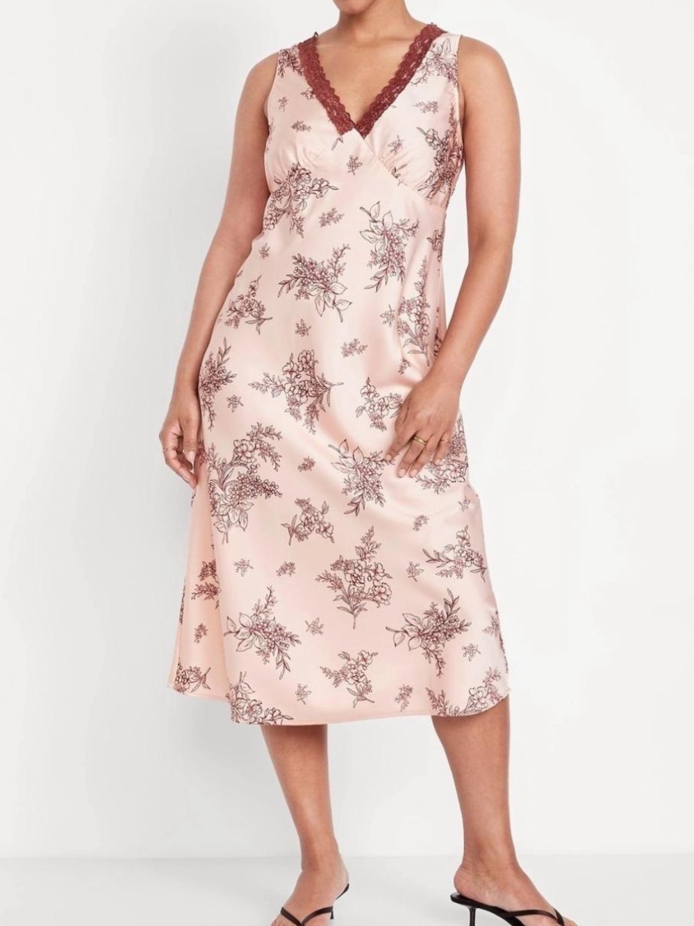 Old Navy Pink Floral Satin Chemise with Burgundy Lace Trim